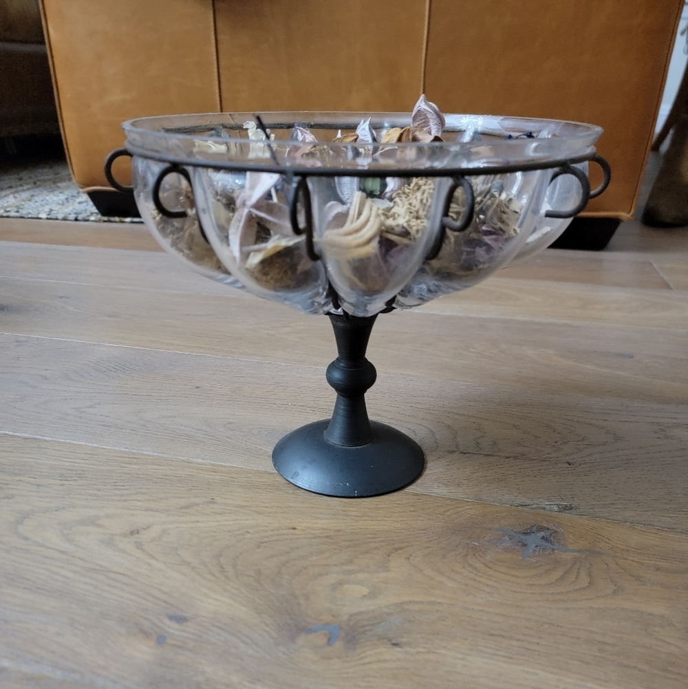 Elegant Dark Bronze Colored Metal and Bubble Glass Bowl